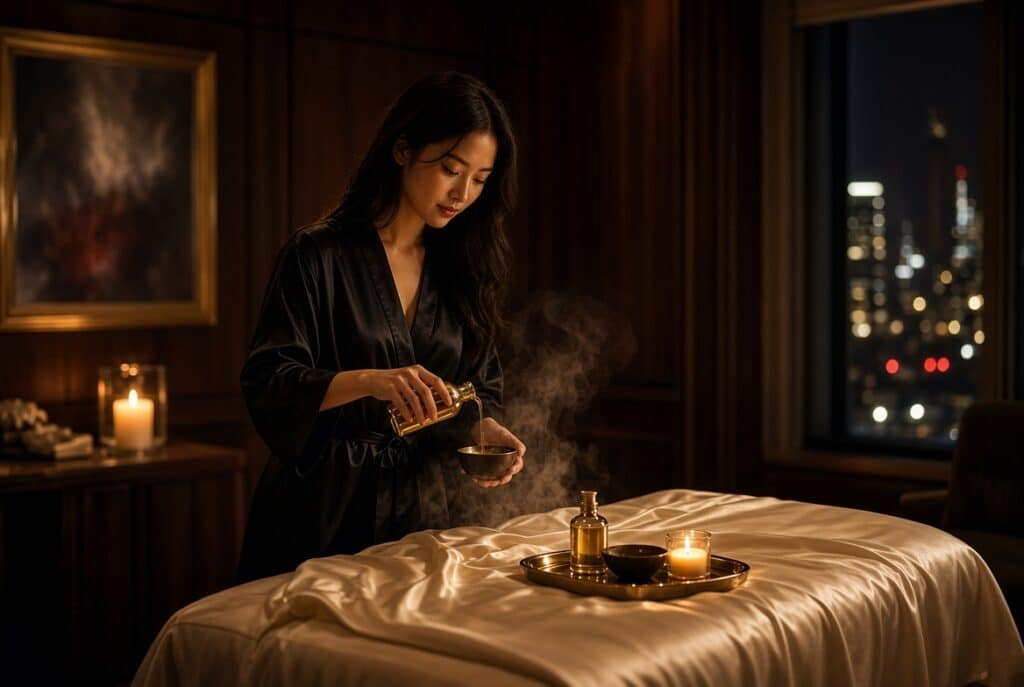 East Asian therapist preparing warm oil in a candlelit London massage room