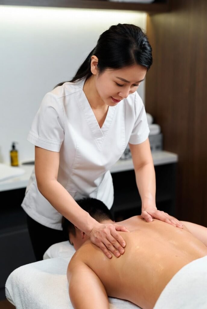 Therapist massaging a client's upper back during a sports massage