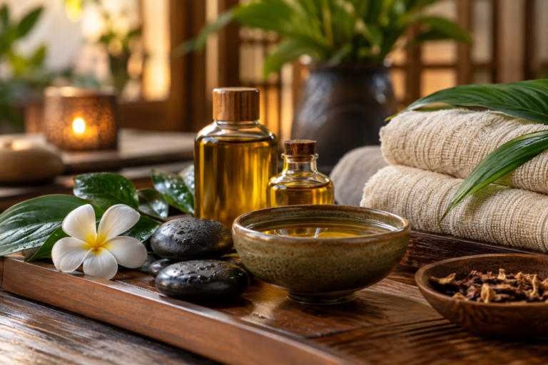 Asian massage oils and fresh towels prepared for a treatment