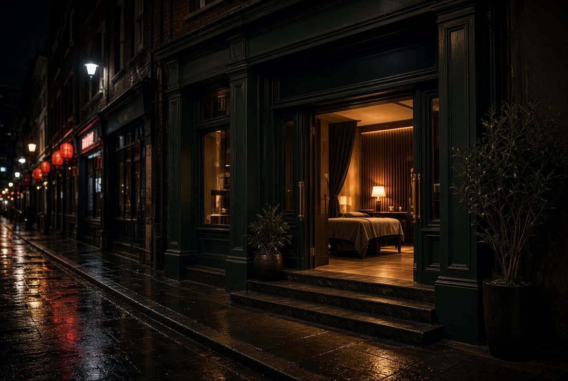 Discreet massage studio entrance at night near Soho London